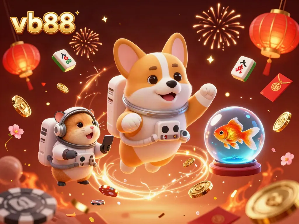 Experience VB88's exciting casino atmosphere with a cartoon corgi astronaut amidst drifting coins and festive decorations.