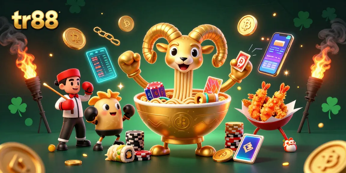 Engage with tr88’s thrilling gaming world where a golden ramen bowl deals cards amidst vibrant crypto excitement.