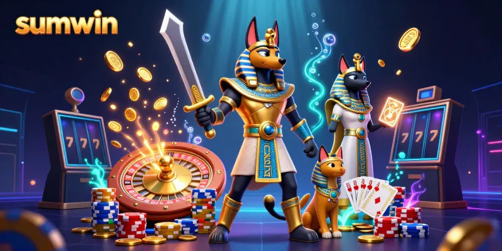 Engage with exciting gameplay at sumwin featuring an epic Egyptian warrior amidst casino elements.