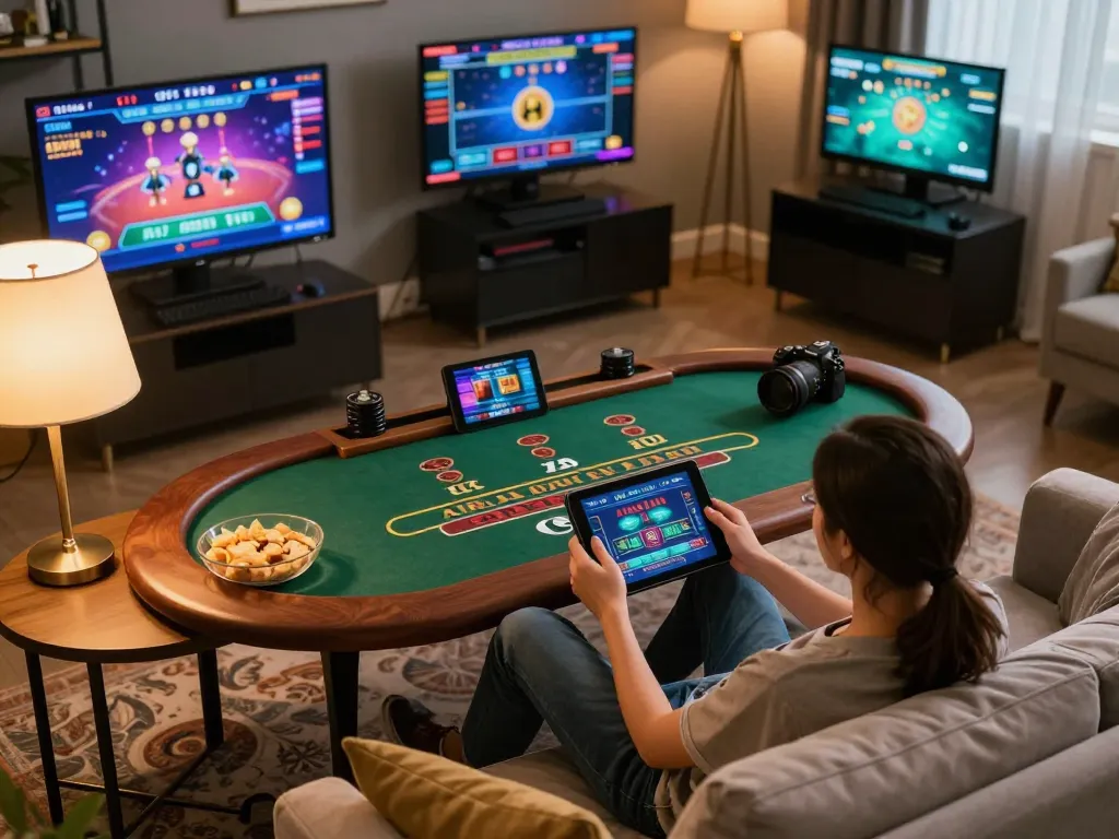 Player enjoying open88 online casino gaming on tablet in a cozy home setting