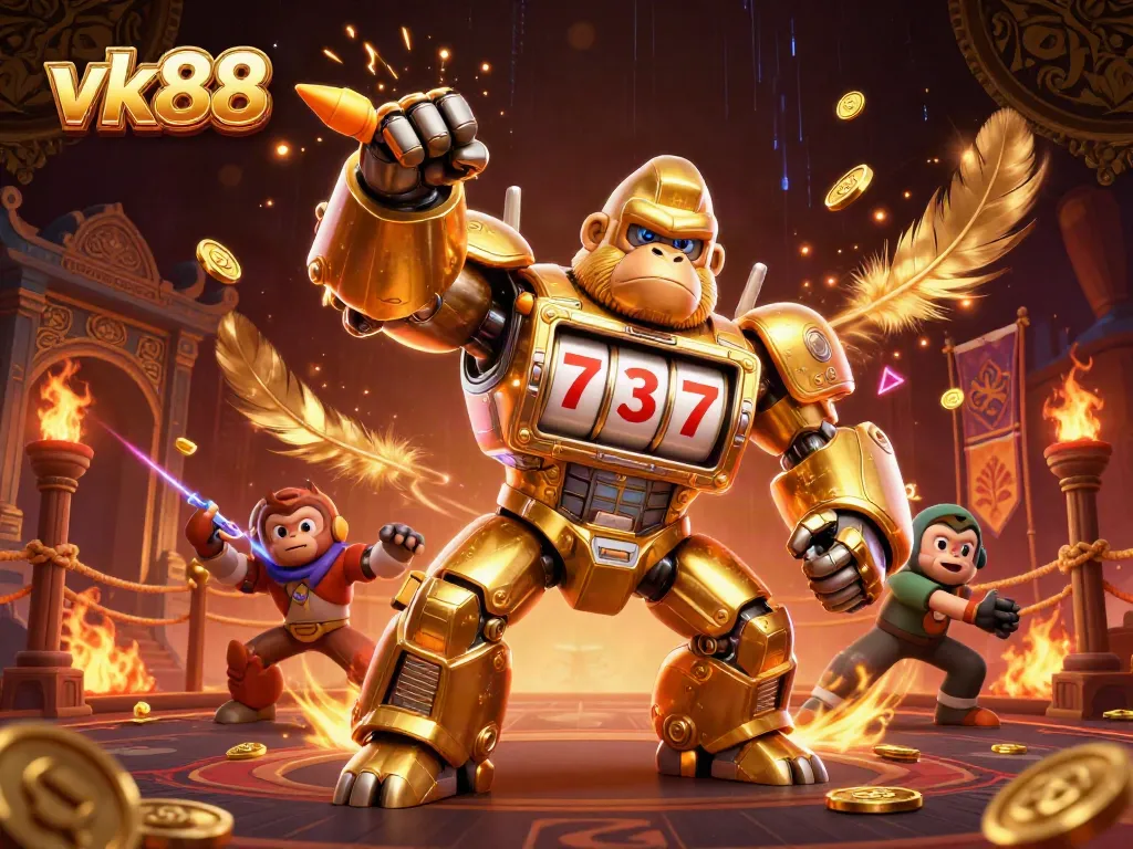 Spin reels and win coins with vk88 in this dynamic 3D casino-themed illustration featuring a golden gorilla mech.