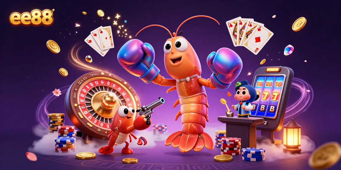 ee88 casino illustration featuring vibrant 3D characters, roulette wheel, and sparkling gems.