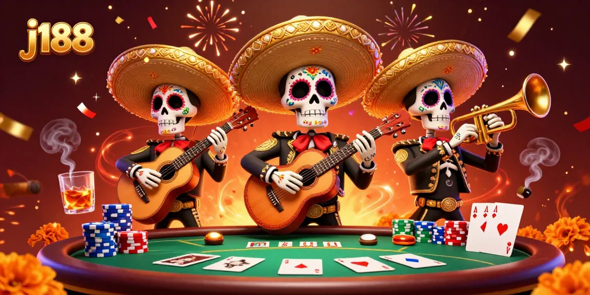 Engage with j188 at a vibrant poker table scene featuring superb animated skeleton mariachis.