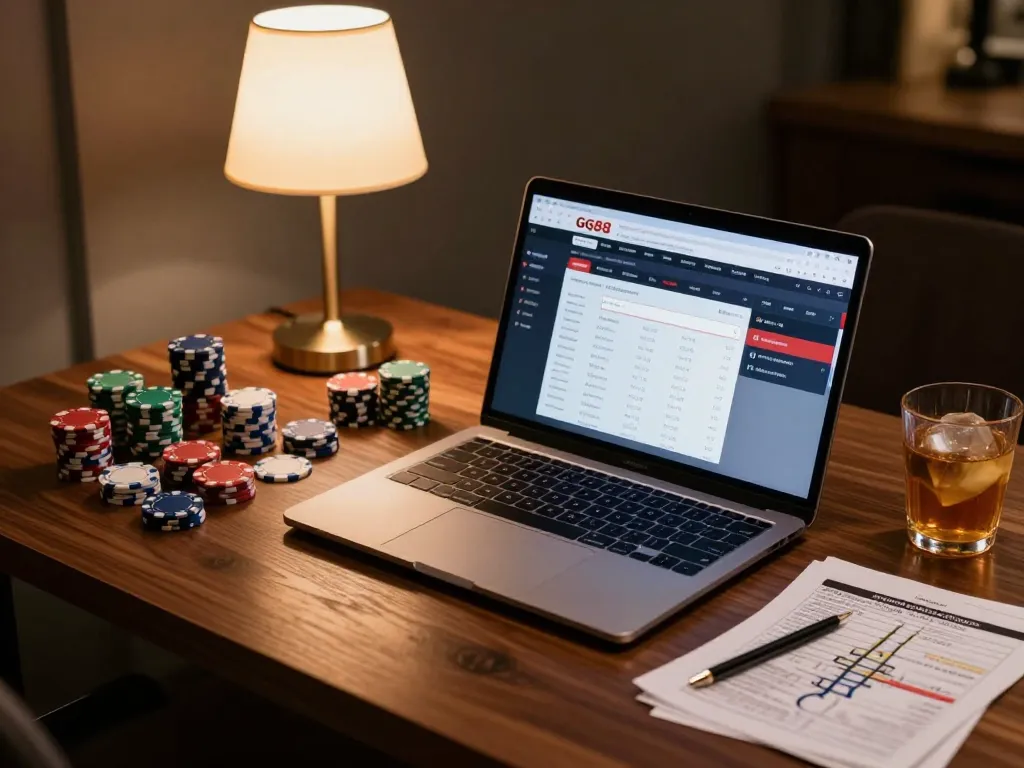 Experience GG88 online gaming with a stylish setup featuring betting interface, strategy notes, and poker chips.