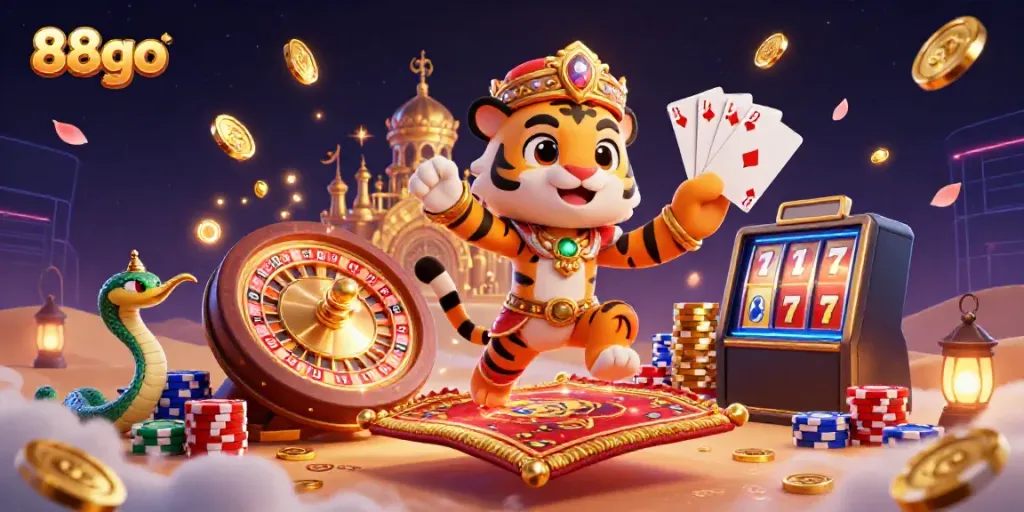 Experience the excitement of 88go with a vibrant 3D casino scene featuring a tiger sultan and magical elements.