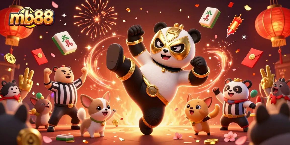 Chơi mb88 bằng một panda đấu vật 3D mạ vàng thực hiện động tác đá bay giữa bầu không khí lễ hội.