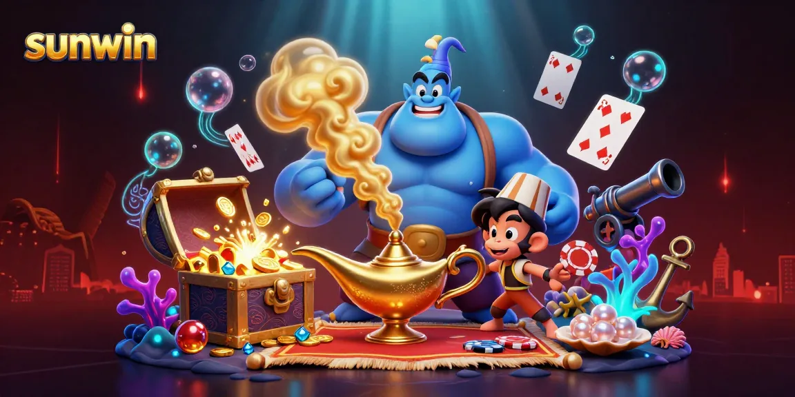 Experience the magic of gambling with sunwin as a genie grants poker chip riches in an exciting illustration.