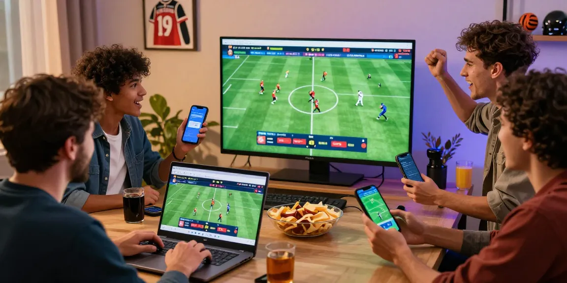 Diverse friends enjoying a lively betting experience on BetLabel, placing bets during a live sports event.