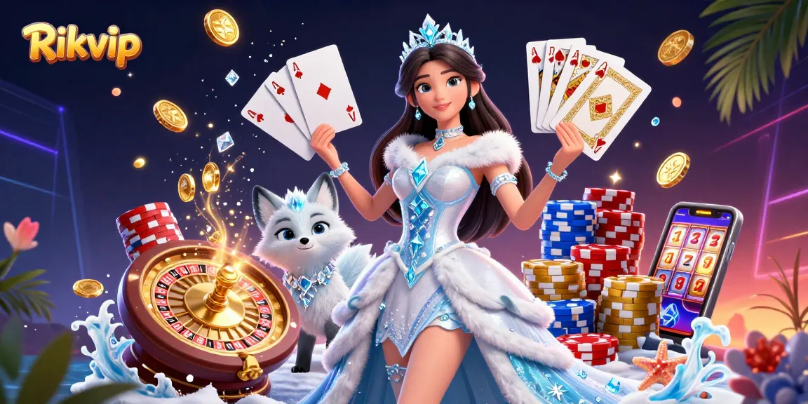 Win big with Rikvip in this exciting 3D casino scene featuring vibrant game elements and rich detail.