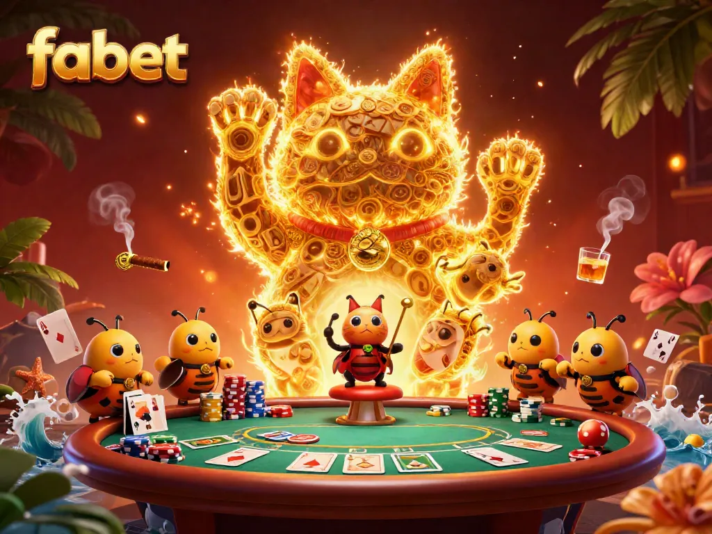 Experience the thrill of fabet with a vibrant 3D illustration of lucky cat casino symbols and poker elements.