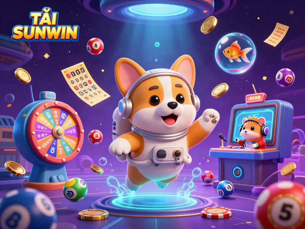 TẢI SUNWIN offers a vivid illustration of a 3D astronaut corgi in a casino environment, showcasing exciting gaming elements.