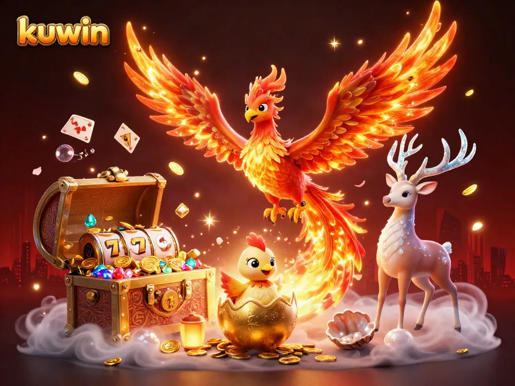 Kuwin showcases an exciting gaming experience with a fiery phoenix and dynamic slot elements.