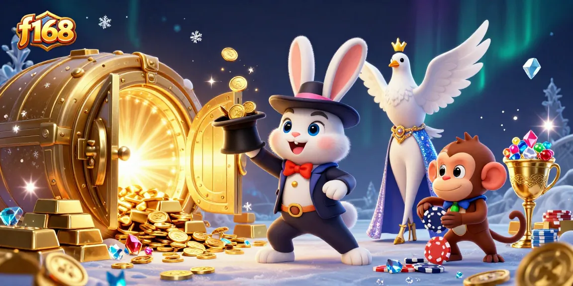 Experience f168 gaming excitement as a magician pulls coins with vibrant casino elements.