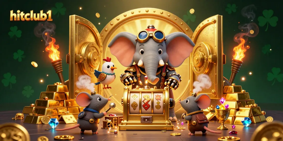 Experience exciting gameplay at hitclub1 with a steampunk elephant engineer operating a slot machine amidst treasures.