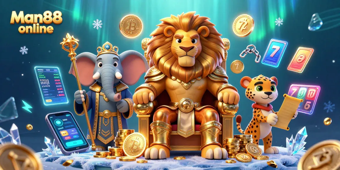 Engage with Man88 online through this vibrant and detailed casino-themed illustration featuring iconic characters.