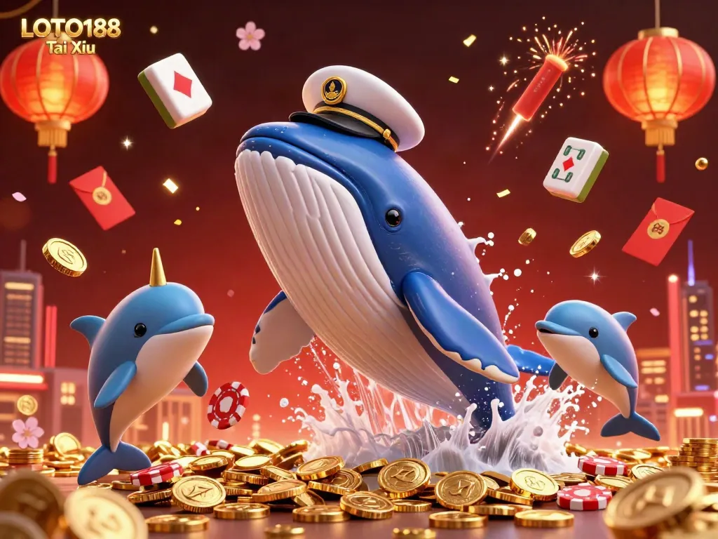 Experience thrilling LOTO188 Tai Xiu action with a vibrant scene featuring a cartoon whale, narwhal, and dolphins playing in coins.