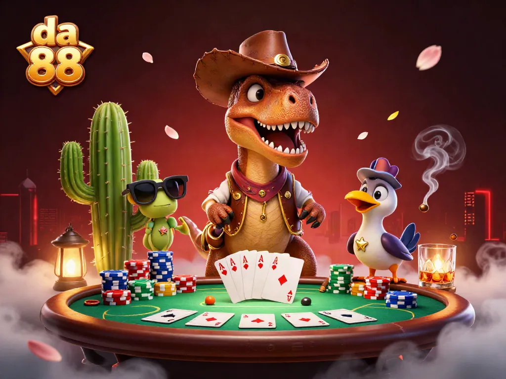 Engage in thrilling poker games at da 88 with dynamic characters and vibrant casino elements.