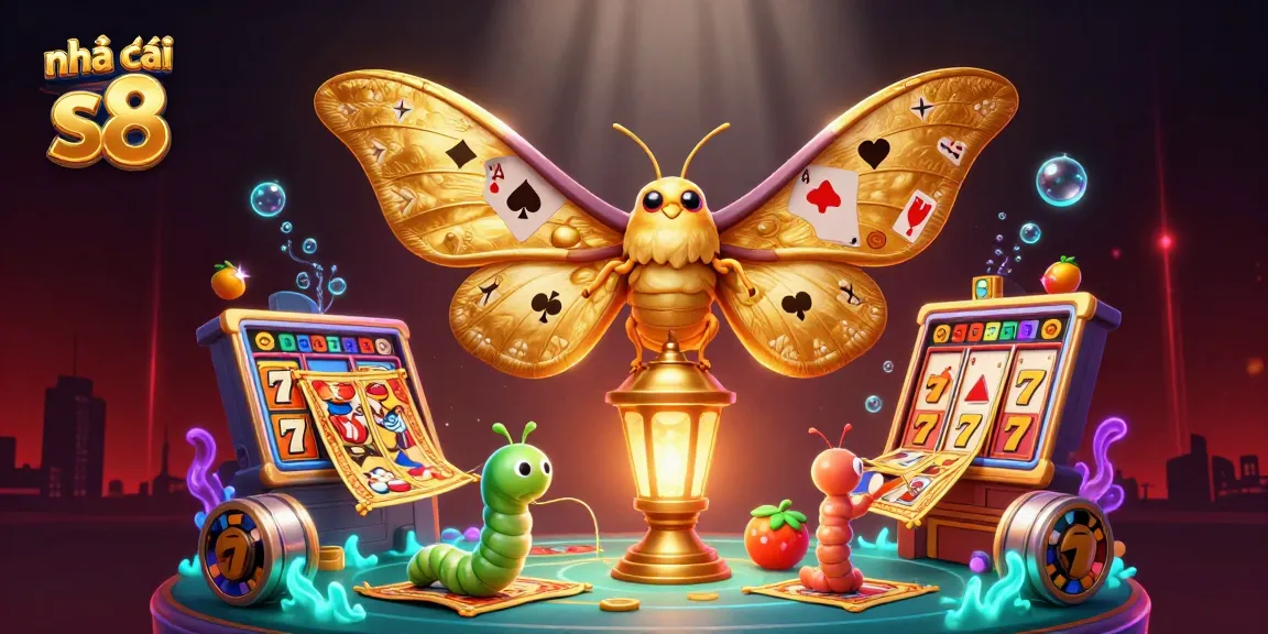 Engage with Nhà cái s8's vibrant slot games featuring golden atlas moth and rich casino elements.