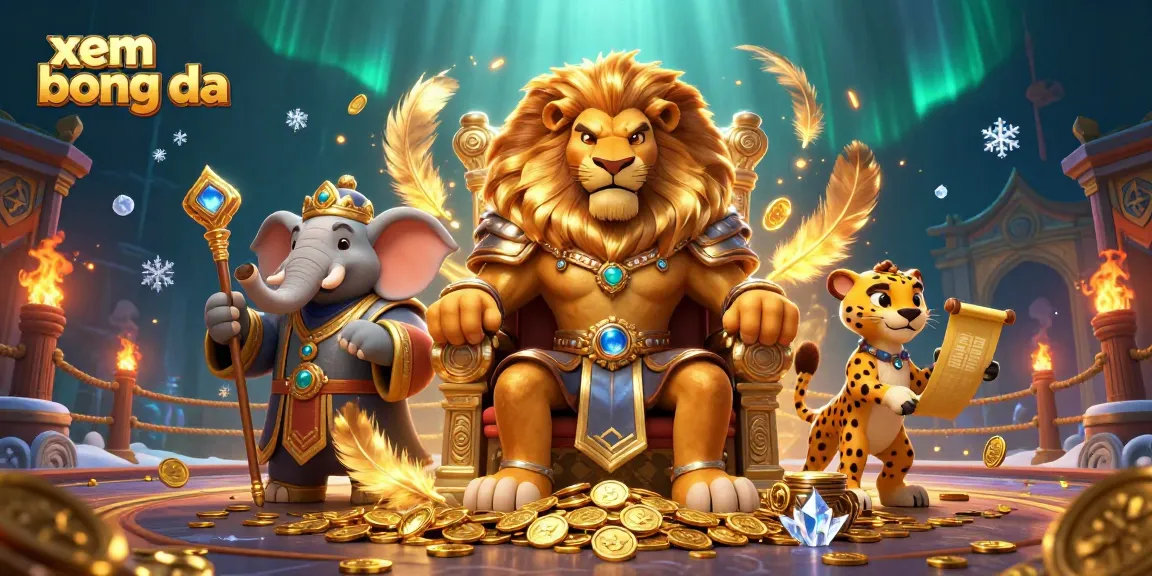 Xem bong da with a lion king, an elephant advisor, and a cheetah messenger in a golden throne scene.