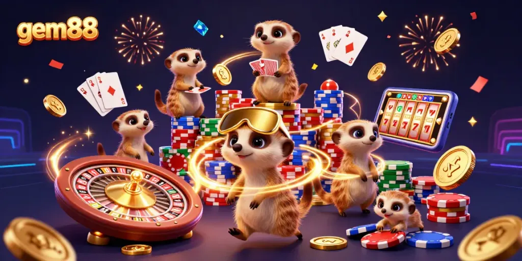 Join the excitement at gem88 casino with meerkats managing games, showcasing dynamic betting action.