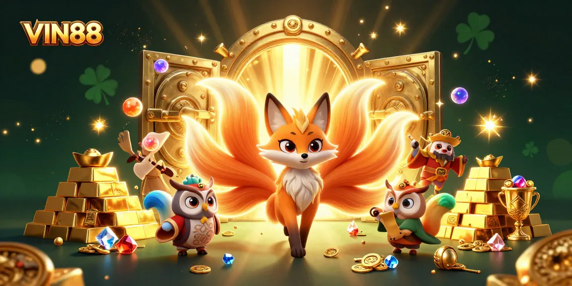 Join the enchanting adventure with VIN88, as the nine-tailed fox and wise owl celebrate riches in a magical casino.