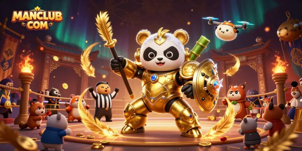 Engage with immersive gameplay at MANCLUB COM featuring a thrilling 3D panda mech battle scene.