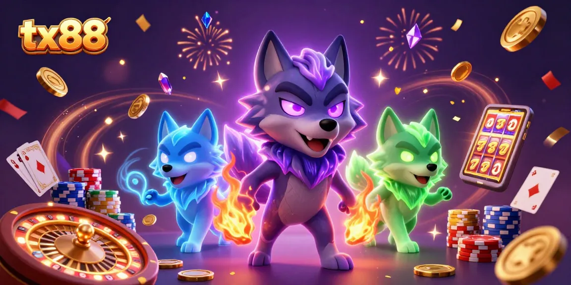 Engage with tx88's vibrant casino scene featuring a shadow wolf pack leader and dynamic gaming elements.