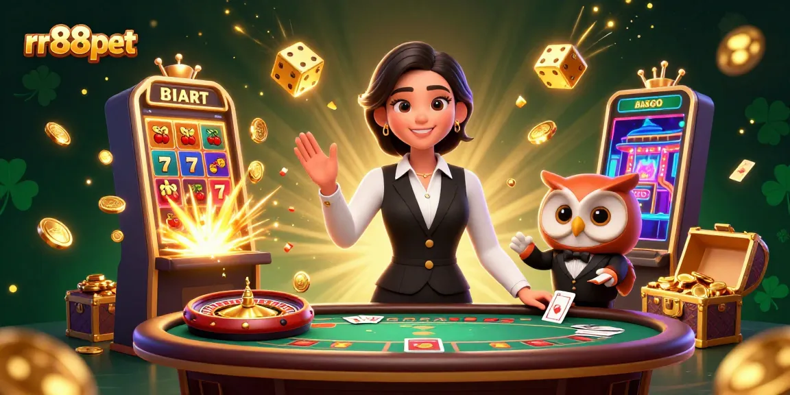 Experience the thrill of rr88pet with vibrant casino action featuring a friendly dealer and joyful symbols.
