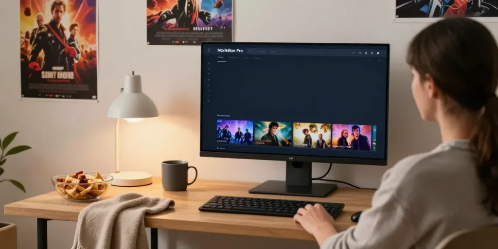 Streaming MovieBox Pro on PC in a cozy home office setup.