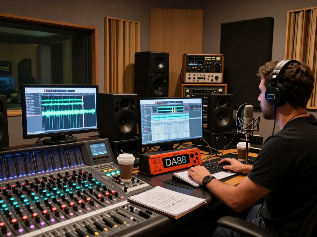 Recording expert using da88 in a professional audio studio full of equipment.