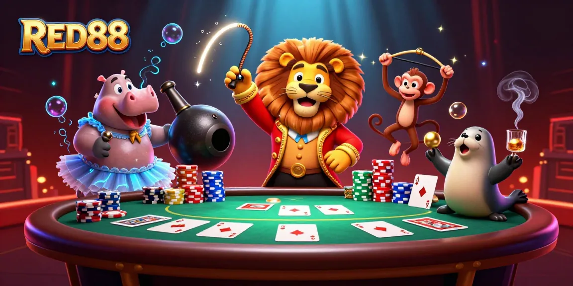Experience exciting gameplay with RED88 in a vibrant, action-packed casino scene featuring cartoon characters.