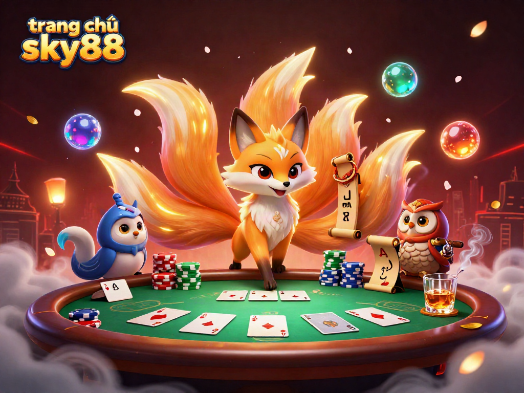 Experience the thrill of poker at trang chủ sky88 with an enchanting 3D illustration filled with vibrant characters and game elements.