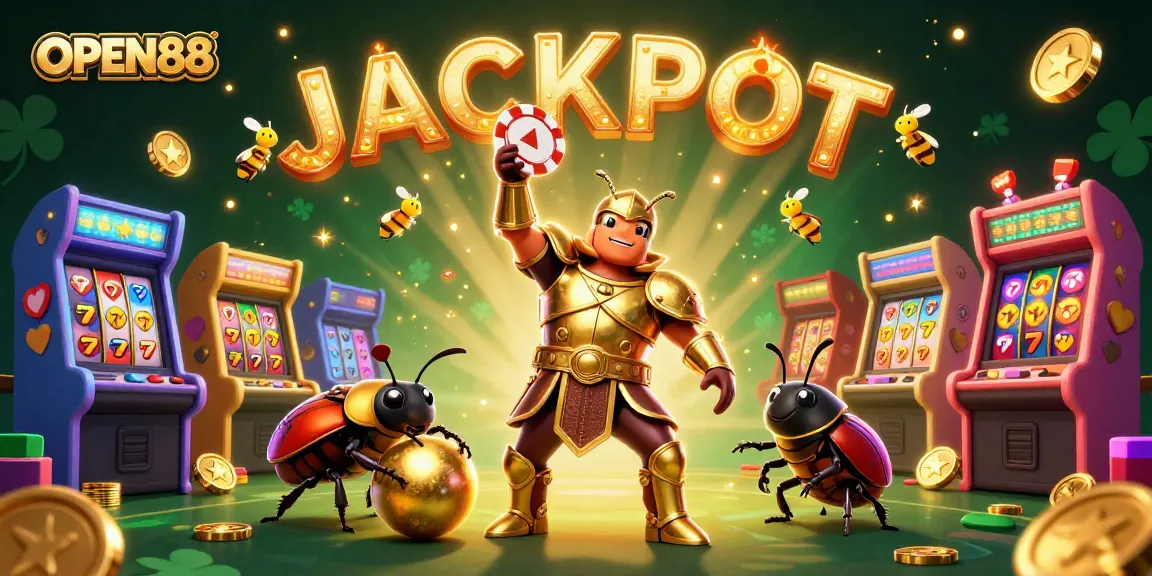 Experience the thrill of WINNING with OPEN88 as the hercules beetle celebrates a jackpot victory surrounded by vibrant slot game elements!