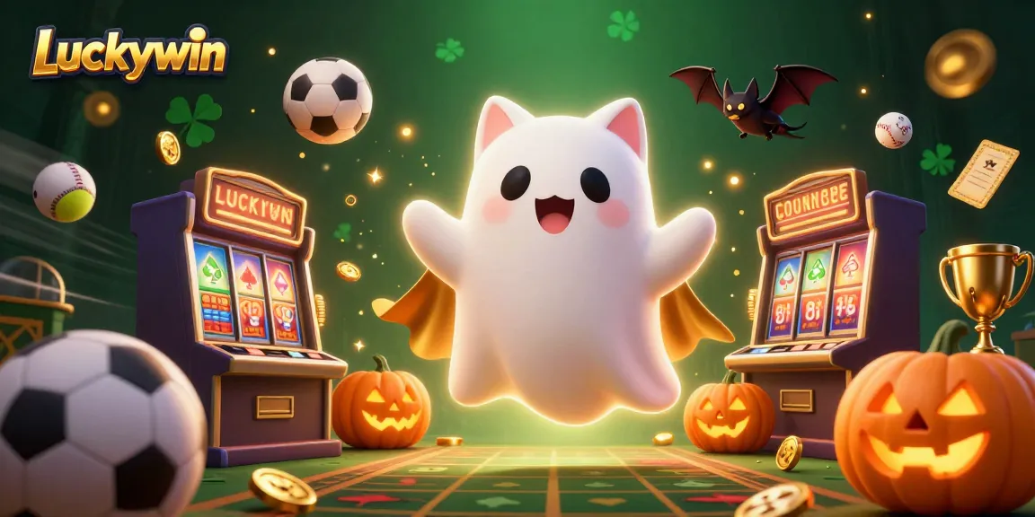 Experience Luckywin's haunted casino with a playful ghost cat and dynamic sports elements illuminating the scene.