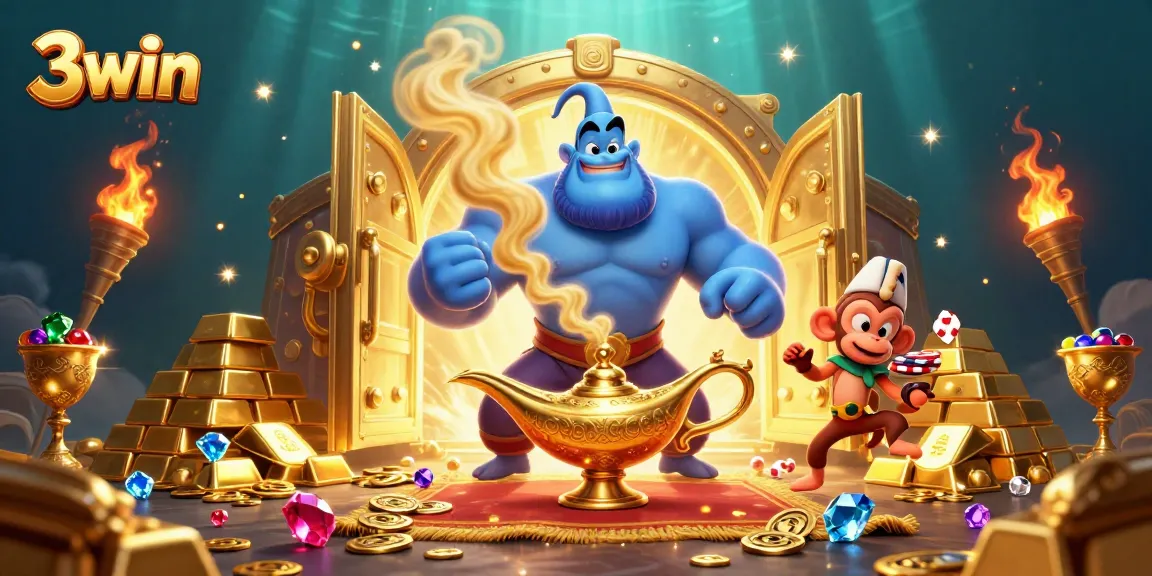 Engage with 3win as a blue genie erupts from a lavish background, symbolizing vibrant online casino experiences.
