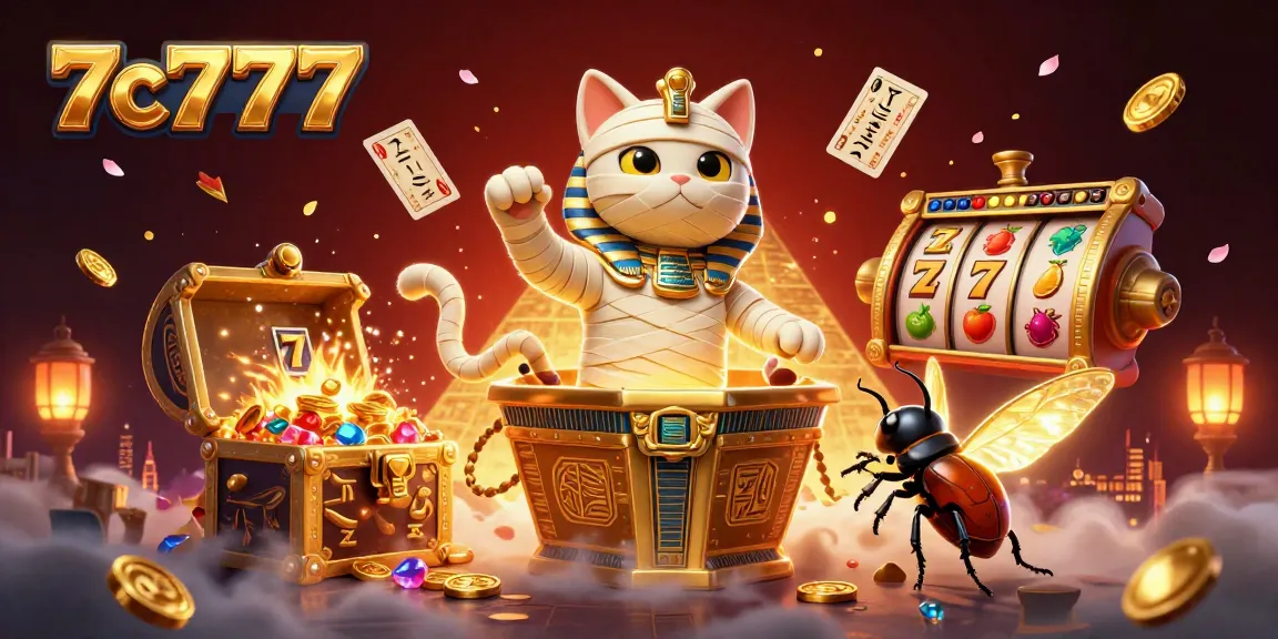 Play thrilling games at 7c7777 with an ultra-detailed illustration of a mummy cat and casino features.