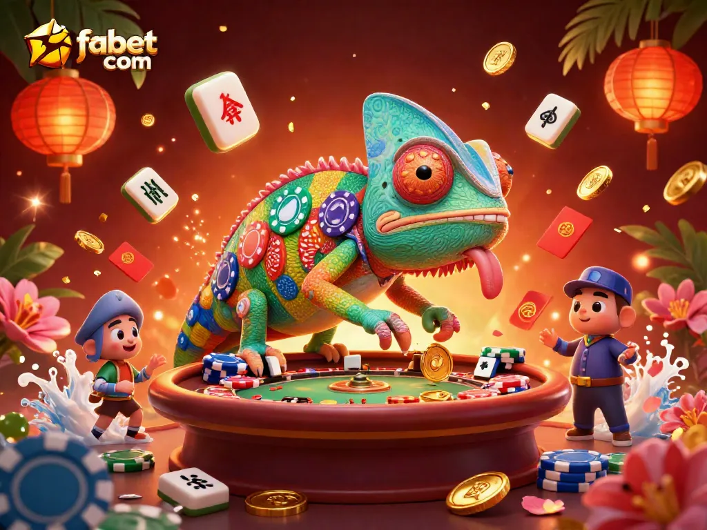 Experience the thrill of fabet com with a vibrant 3D casino illustration featuring a chameleon and dynamic gaming elements.