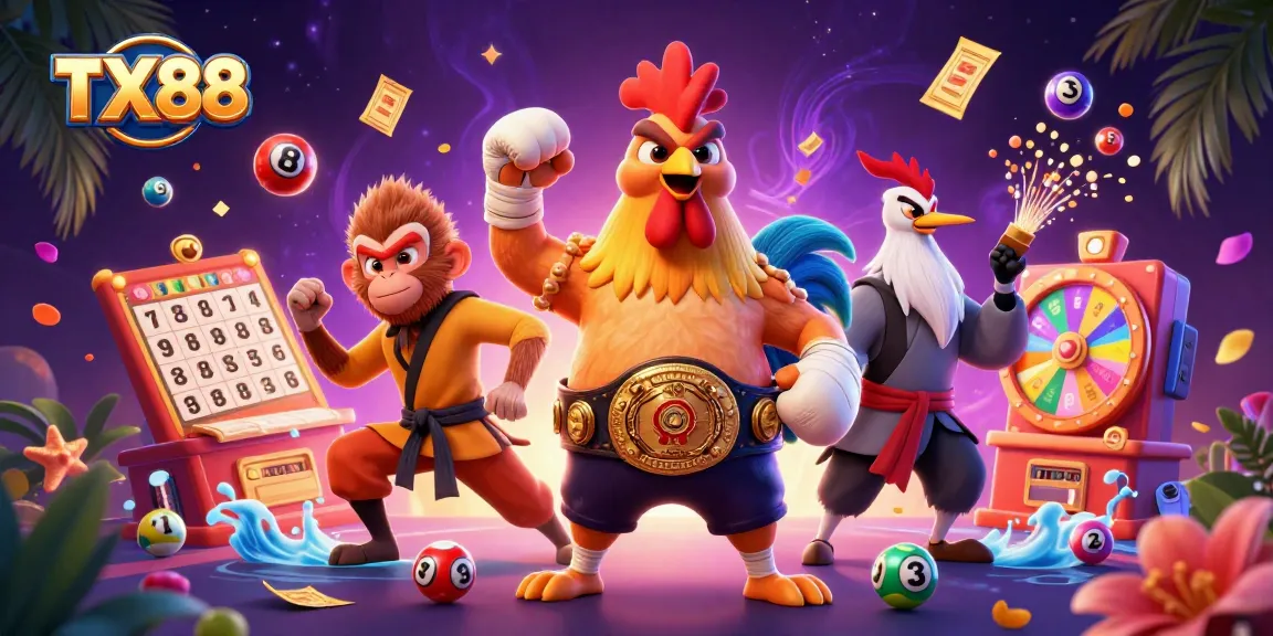 Experience thrilling gaming action with TX88 in a vibrant 3D casino scene full of colorful lottery elements.