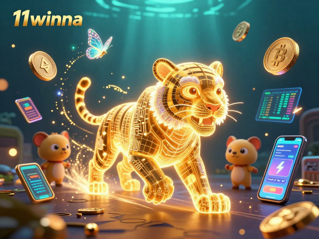 Experience winning strategies at 11winna, featuring a neon-wireframe golden tiger and vibrant casino elements.