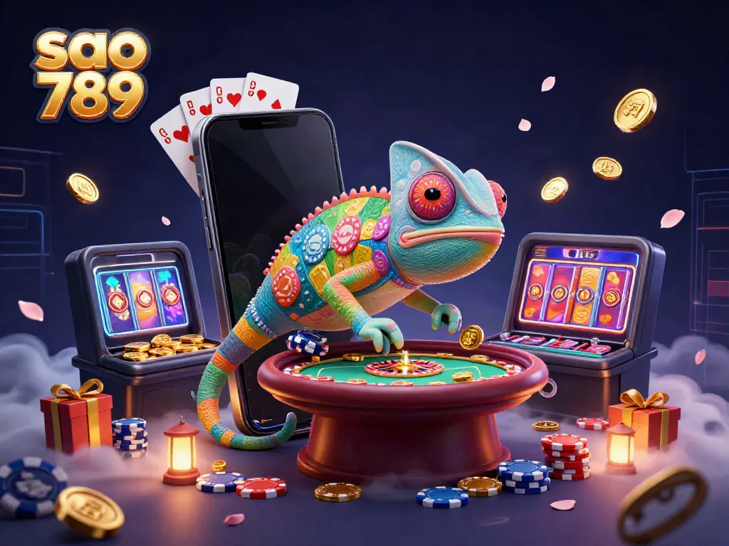 Engage in thrilling gameplay at sao 789, featuring a vibrant chameleon casino owner amidst slot games and cards.