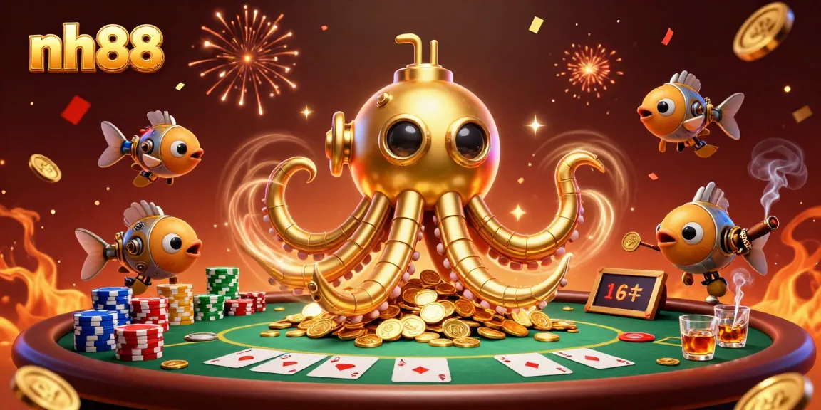 Engage in thrilling poker action at NH88, featuring a golden kraken amid vibrant gambling elements.