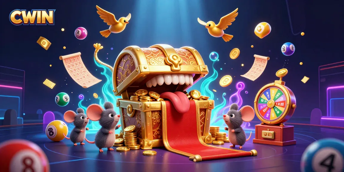 CWIN invites adventurer mice to a gaming spectacle filled with riches, highlighted by colorful lottery balls and dynamic casino elements.