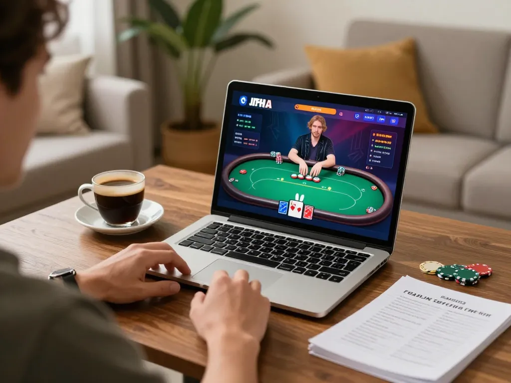 Player enjoying xx88 online poker with strategy notes on a cozy home setting.