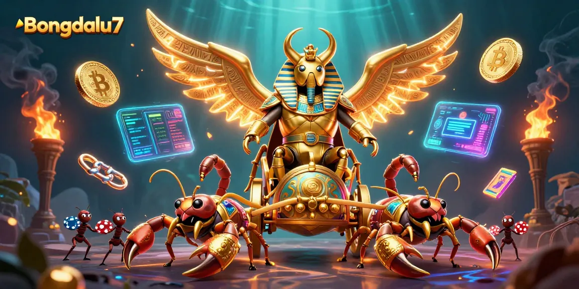Bongdalu7 offers a captivating gambling scene with a golden beetle and scorpions amid crypto elements.