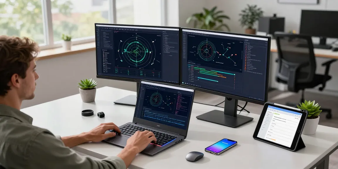 快连 developer optimizing network speed and performance on dual monitors in a modern workspace