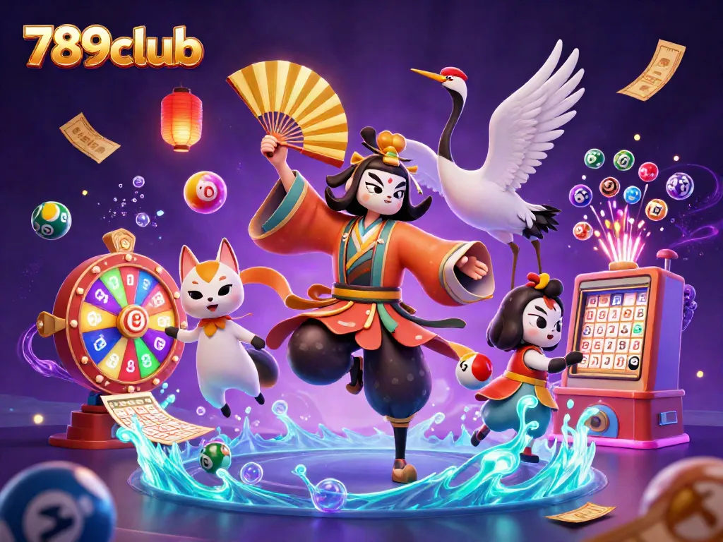 Experience the excitement of 789club with vibrant characters and dynamic lottery elements in a 3D illustration.