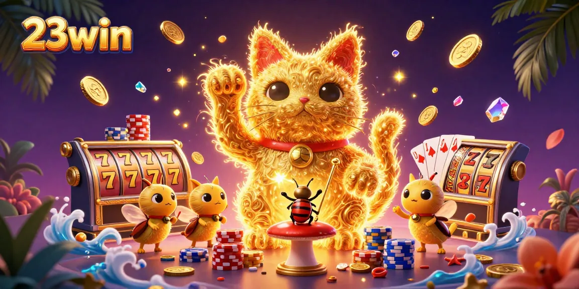 Engage with the captivating 23win scene of a lucky cat and golden fireflies amidst sparkling casino elements.