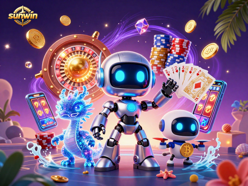 Experience thrilling wins with sunwin in this vibrant 3D casino scene featuring a cyberpunk mascot.