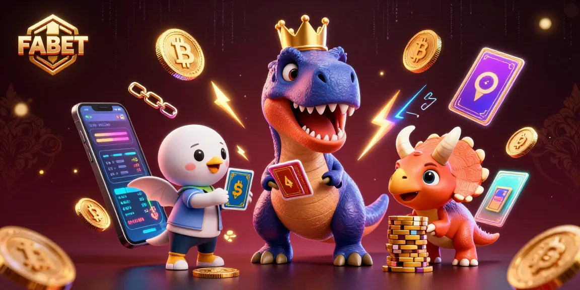Experience FABET's vibrant casino scene with animated dinosaurs, crypto elements, and a dynamic atmosphere.
