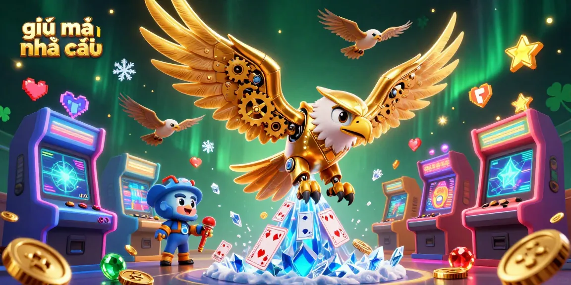 Engage with giải mã nhà cái through a vibrant scene featuring a cybernetic eagle diving among holographic cards and arcade machines.